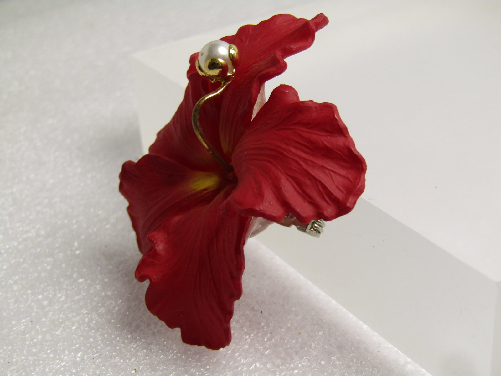Vintage Red Hibiscus Blossom Brooch, Faux Pearl, Western Germany, Mid-Century - 2