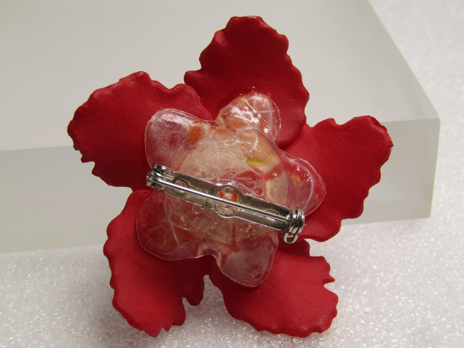 Vintage Red Hibiscus Blossom Brooch, Faux Pearl, Western Germany, Mid-Century - 4