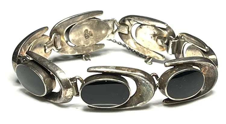 Vintage ND Sterling Silver Black Onyx Link Bracelet - 2