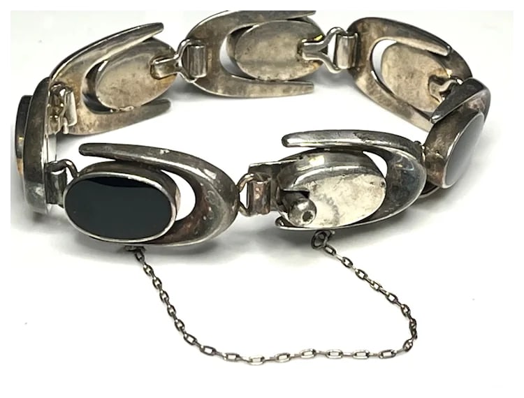 Vintage ND Sterling Silver Black Onyx Link Bracelet - 3