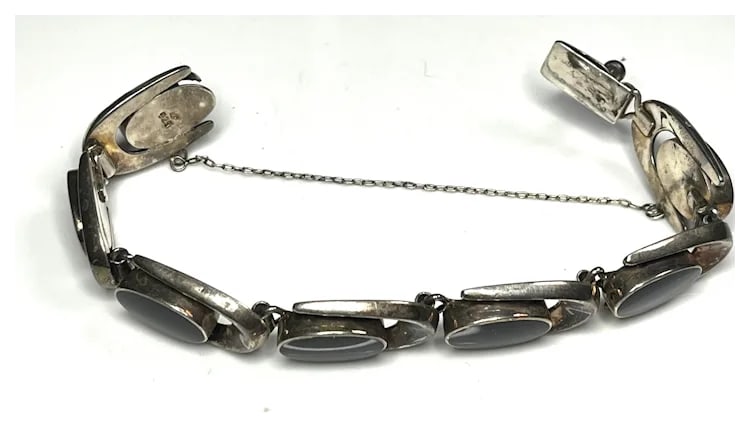 Vintage ND Sterling Silver Black Onyx Link Bracelet - 4