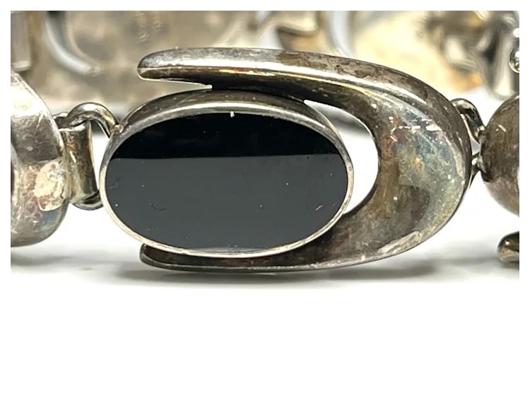 Vintage ND Sterling Silver Black Onyx Link Bracelet - 5