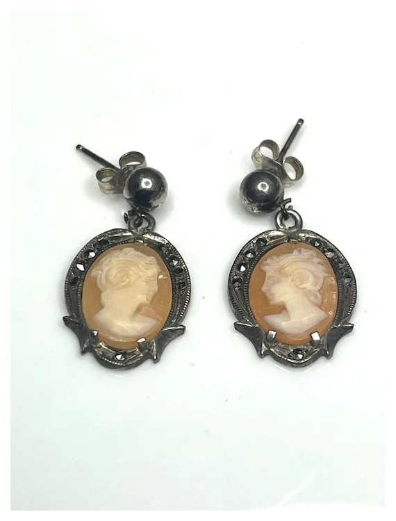 Vintage Marcasite Cameo Pierced Earrings - 3
