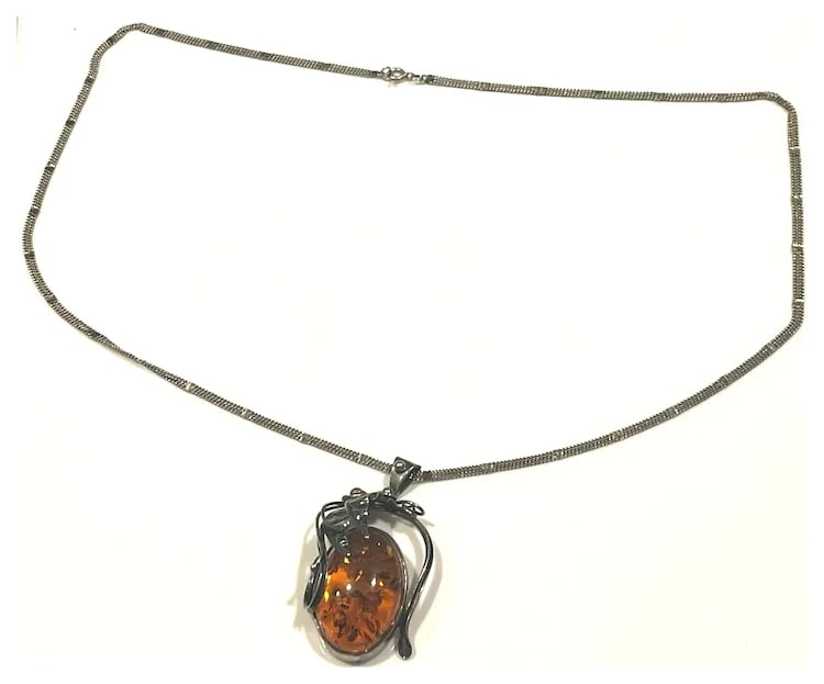 Estate Sterling Silver Large Baltic Amber Pendant on Unusual Sterling Chain/Necklace - 3