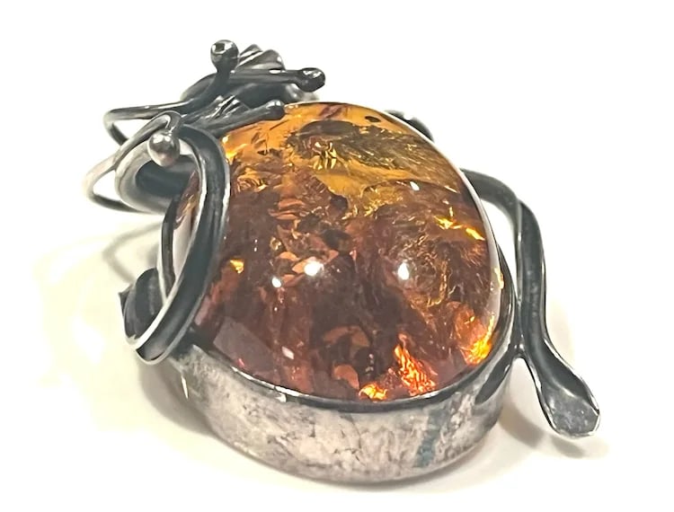 Estate Sterling Silver Large Baltic Amber Pendant on Unusual Sterling Chain/Necklace - 5