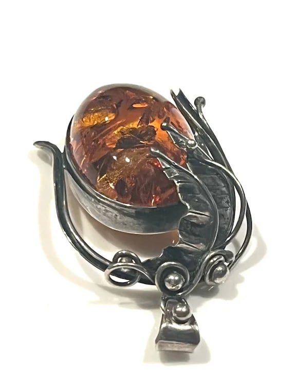 Estate Sterling Silver Large Baltic Amber Pendant on Unusual Sterling Chain/Necklace - 6