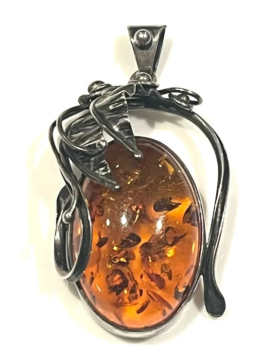Estate Sterling Silver Large Baltic Amber Pendant on Unusual Sterling Chain/Necklace - 8
