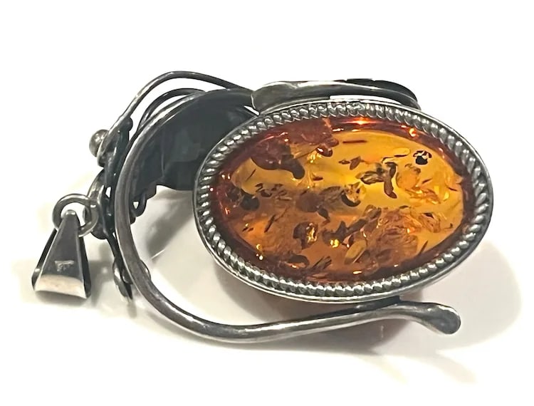 Estate Sterling Silver Large Baltic Amber Pendant on Unusual Sterling Chain/Necklace - 9
