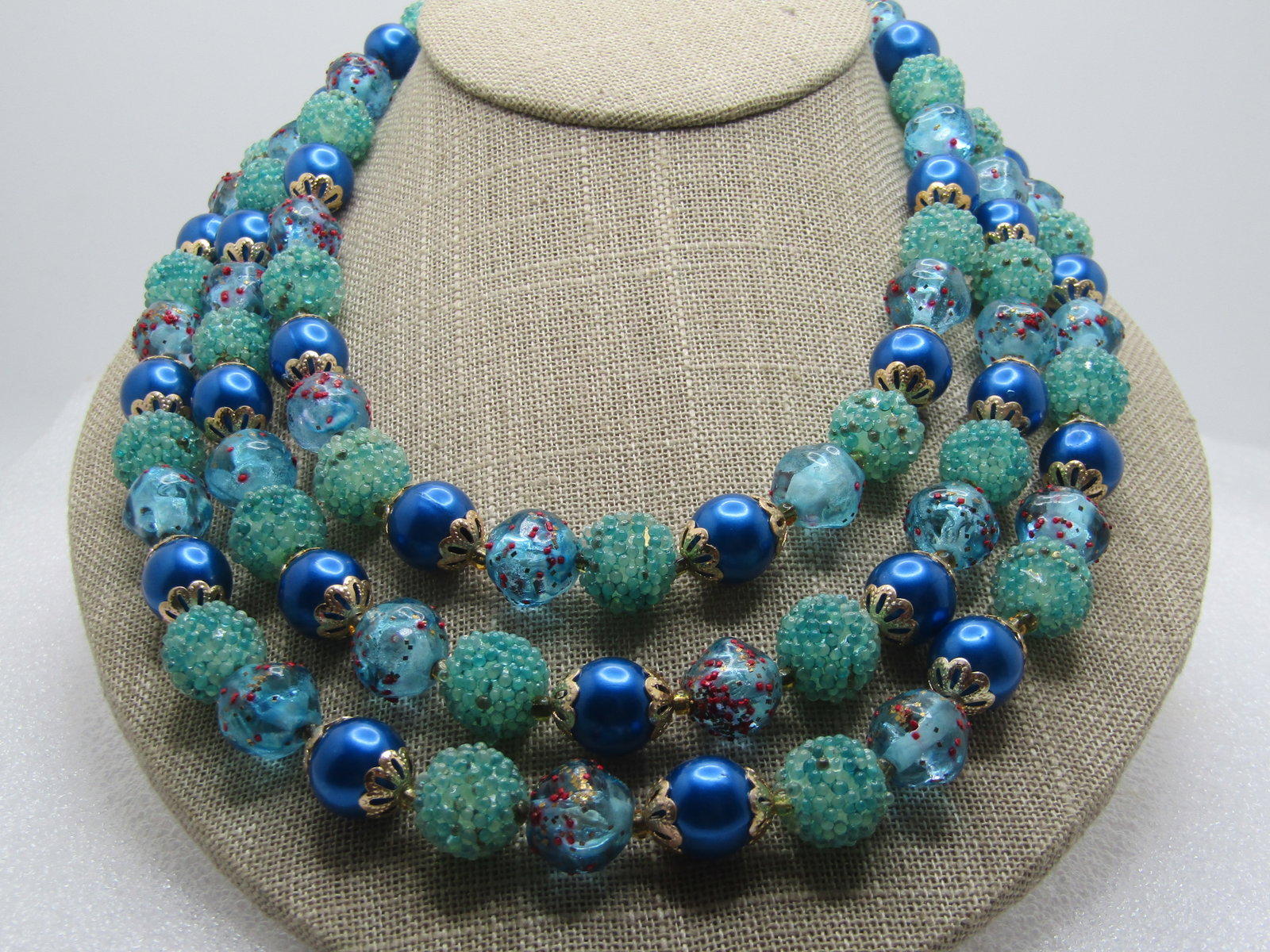 Vintage Triple Strand Blue/Aqua Necklace Earrings, 1940's-1950's, Hong Kong - 2