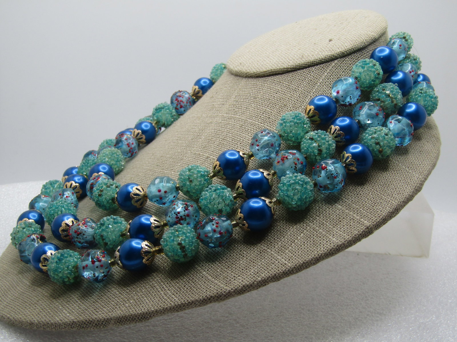 Vintage Triple Strand Blue/Aqua Necklace Earrings, 1940's-1950's, Hong Kong - 3