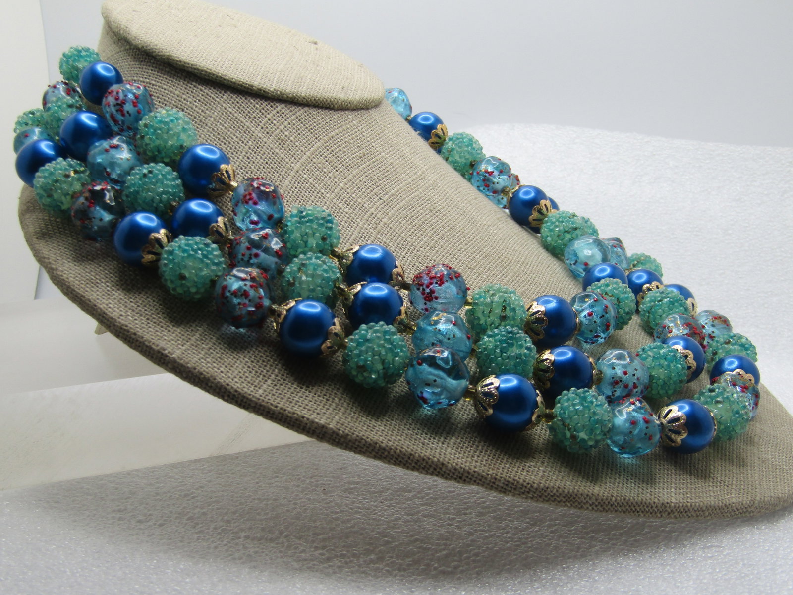 Vintage Triple Strand Blue/Aqua Necklace Earrings, 1940's-1950's, Hong Kong - 4
