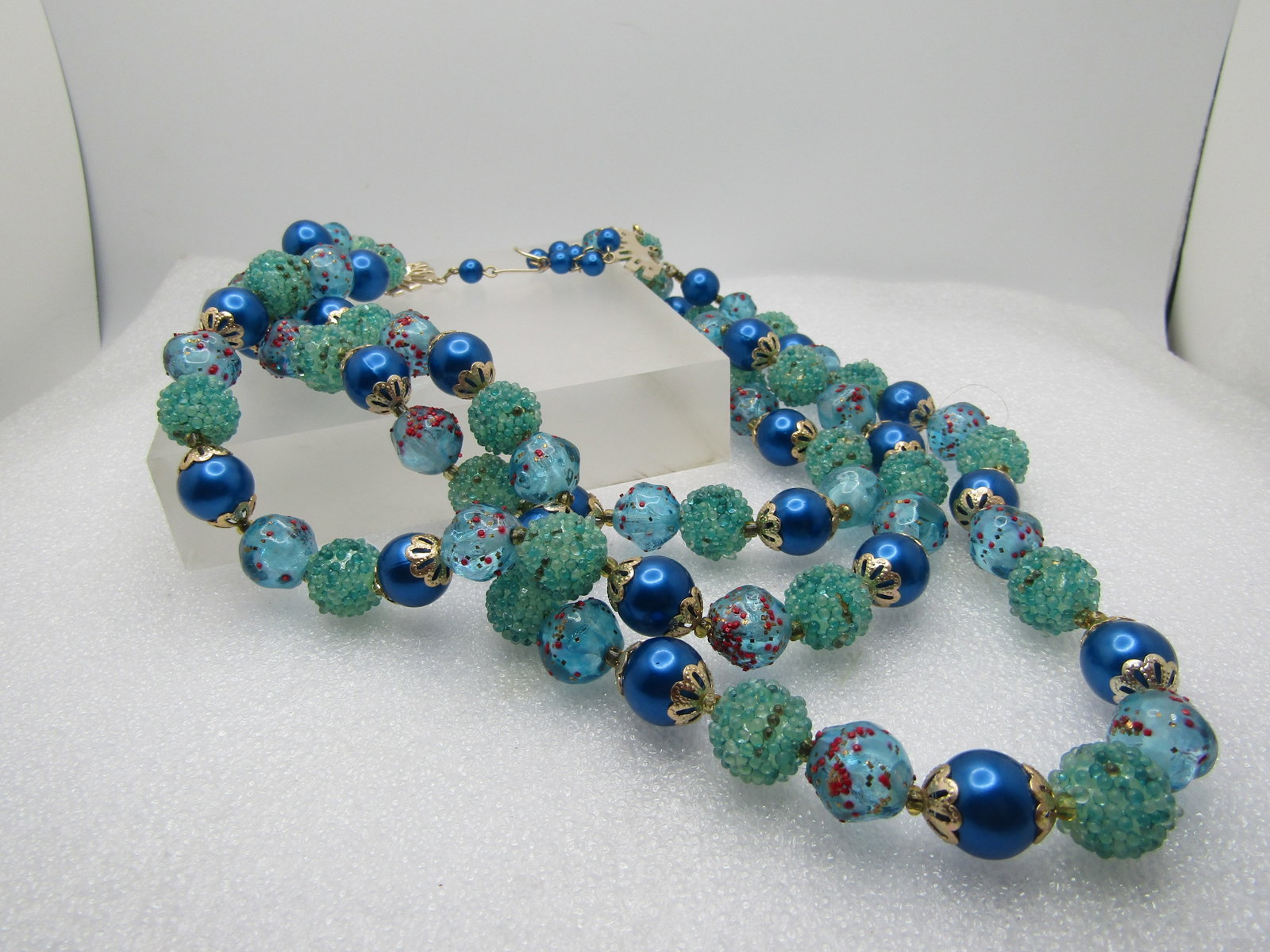 Vintage Triple Strand Blue/Aqua Necklace Earrings, 1940's-1950's, Hong Kong - 5