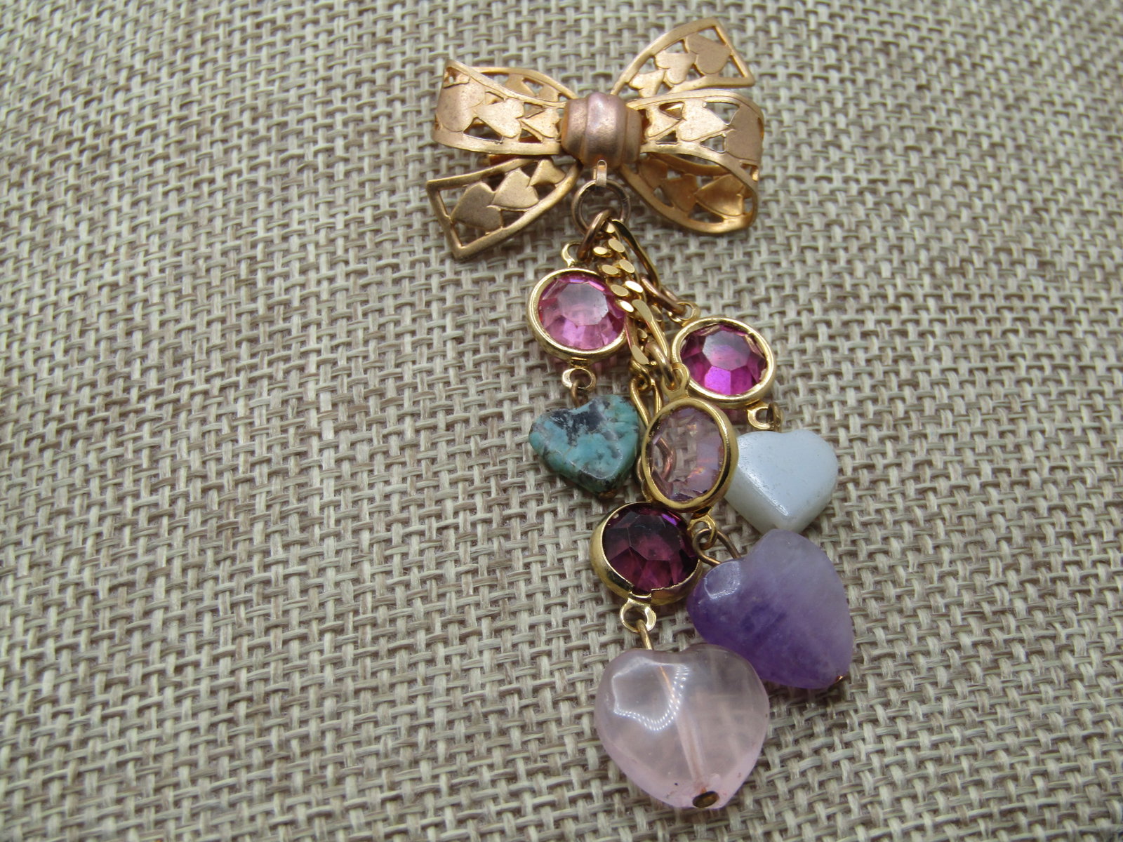 Vintage Heart Bow Brooch, Dangling Stone Strands, 1960's-1970's - 2