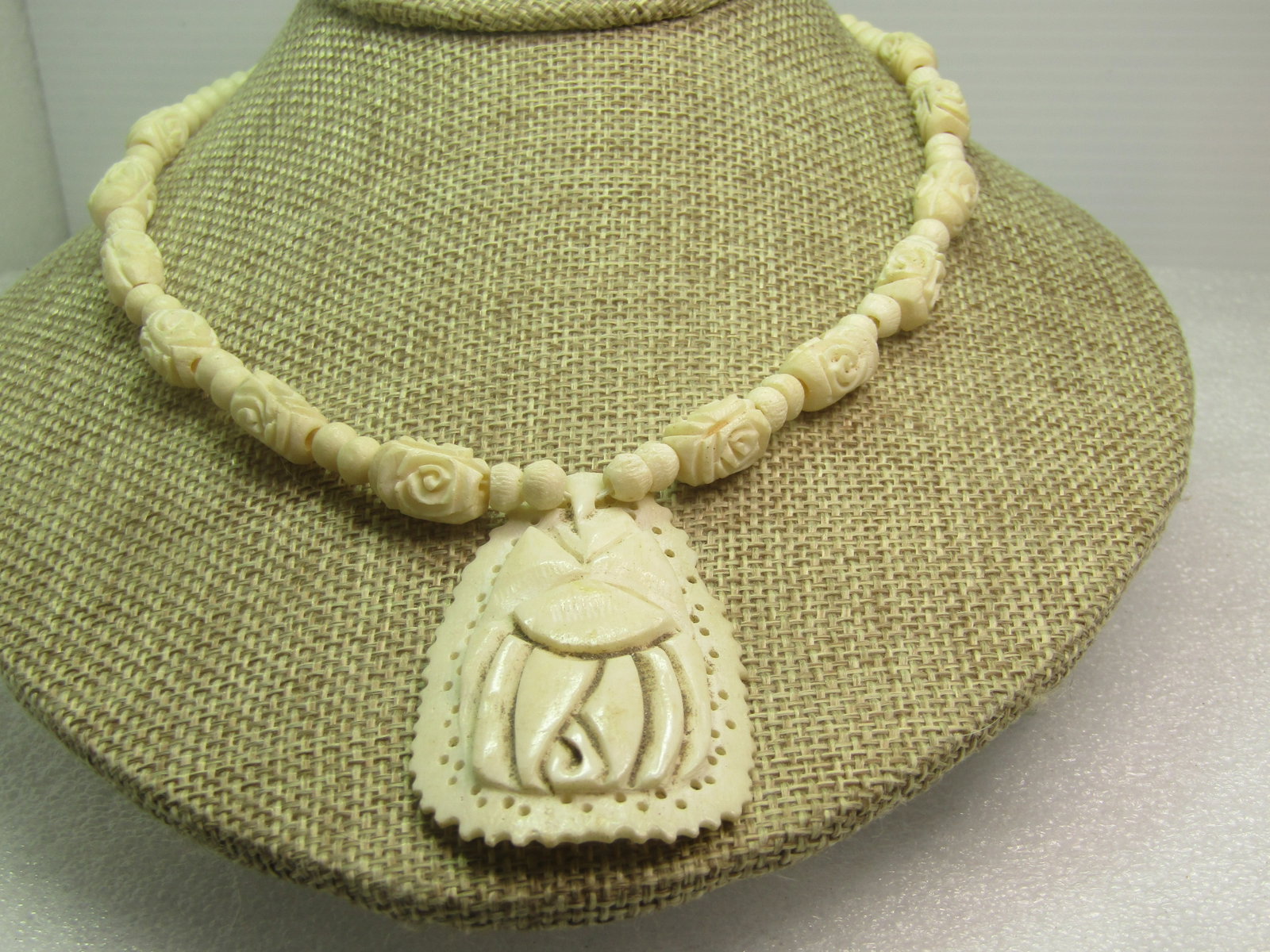Vintage Carved Bone Beaded necklace, Drop Pendant, 1960's-1970's - 2
