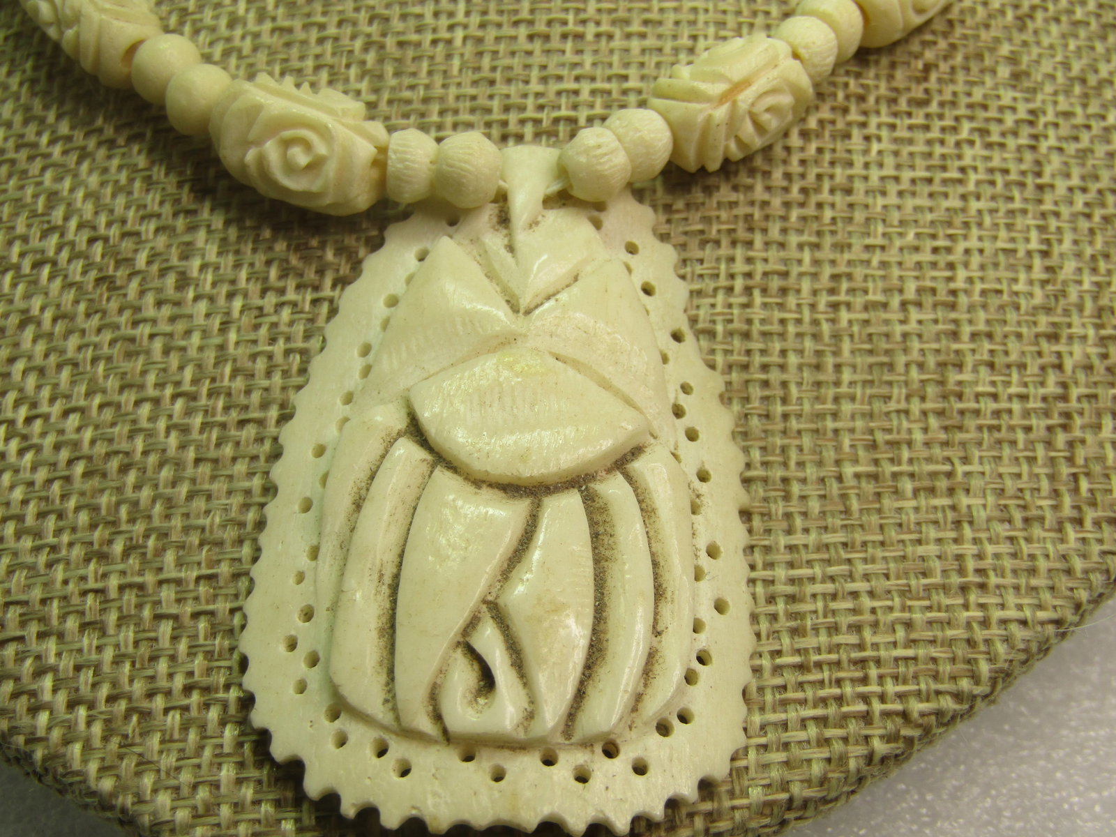 Vintage Carved Bone Beaded necklace, Drop Pendant, 1960's-1970's - 3