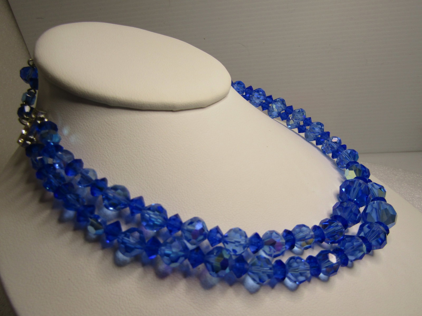 Vintage Blue Crystal AB Necklace, Double Strand, 1950's-1960's, 16" - 2