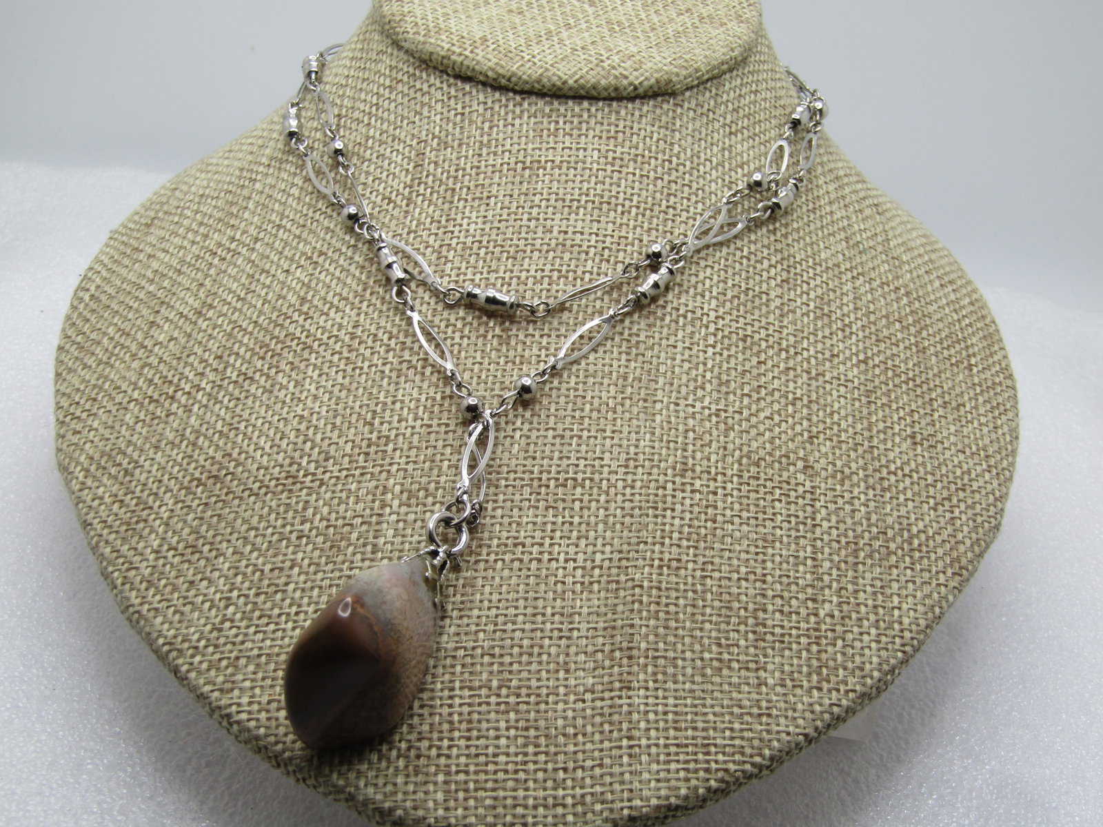 Vintage Silver Tone Agate Nugget Necklce, 30", 1970's-1980's - 2