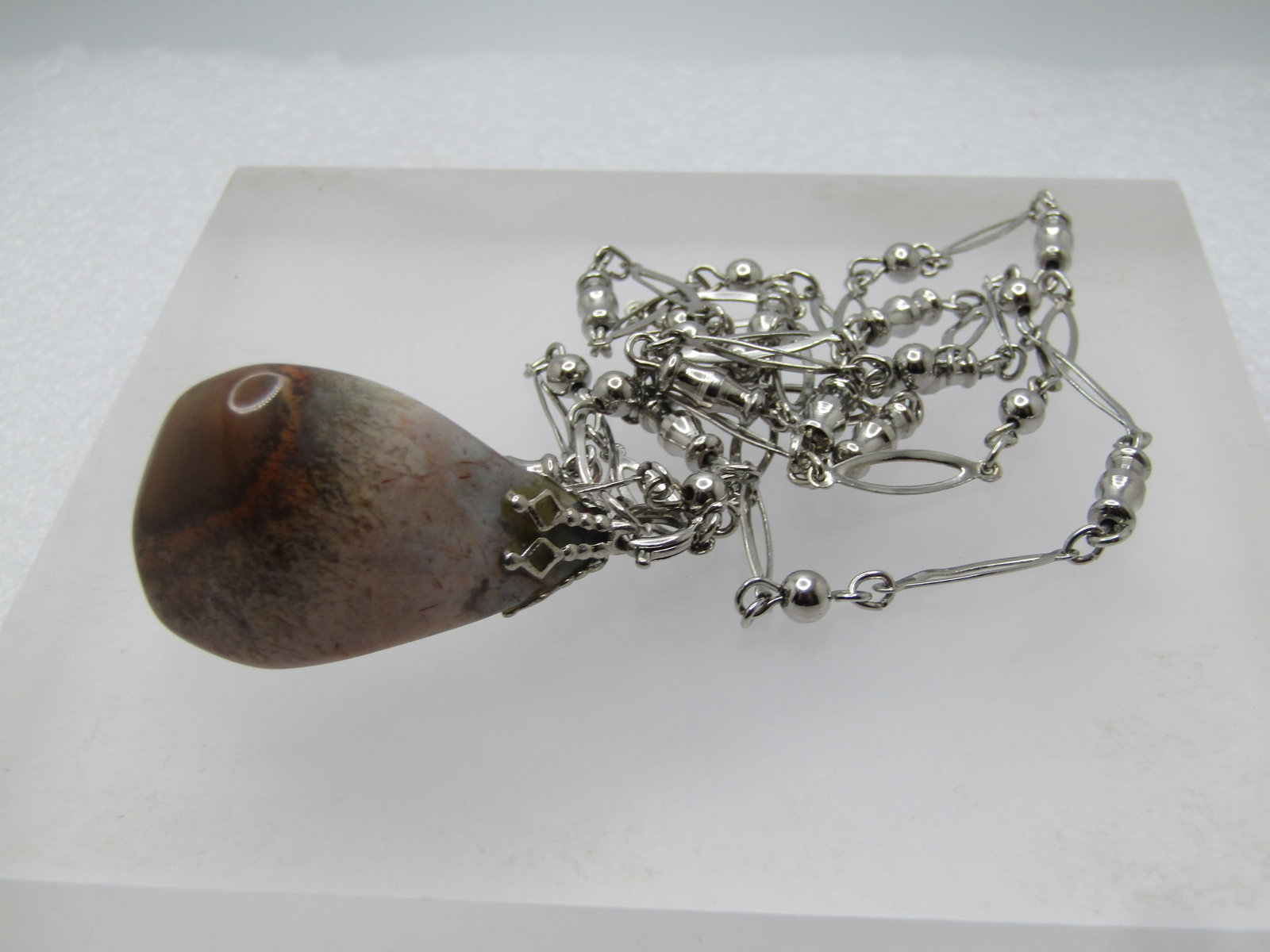 Vintage Silver Tone Agate Nugget Necklce, 30", 1970's-1980's - 5