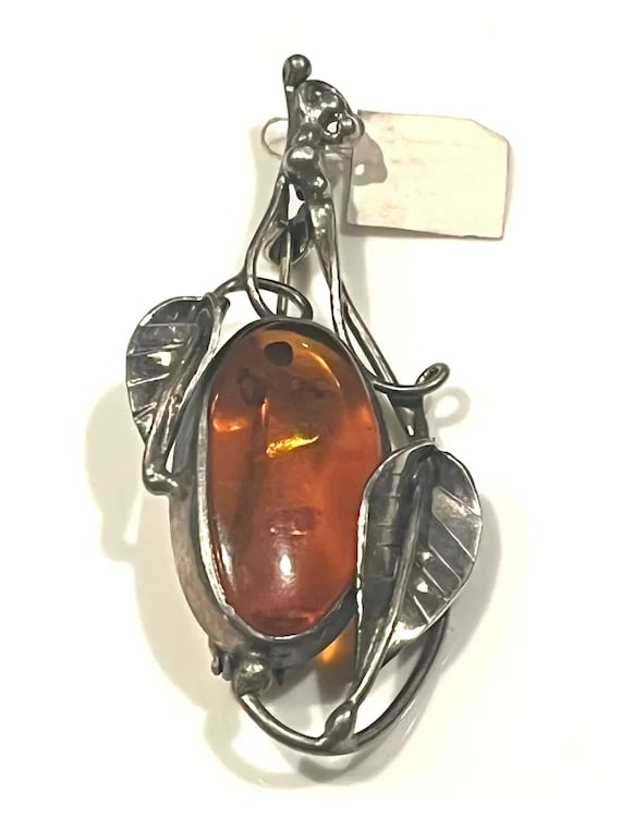 Vintage Art Nouveau Sterling Silver Baltic Amber Brooch - 3