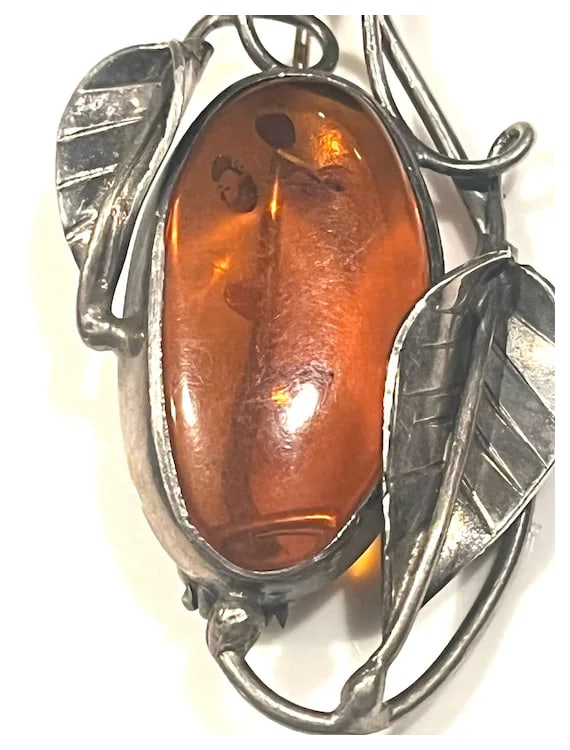 Vintage Art Nouveau Sterling Silver Baltic Amber Brooch - 4