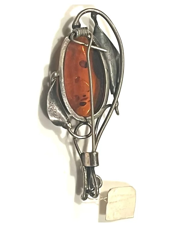 Vintage Art Nouveau Sterling Silver Baltic Amber Brooch - 6