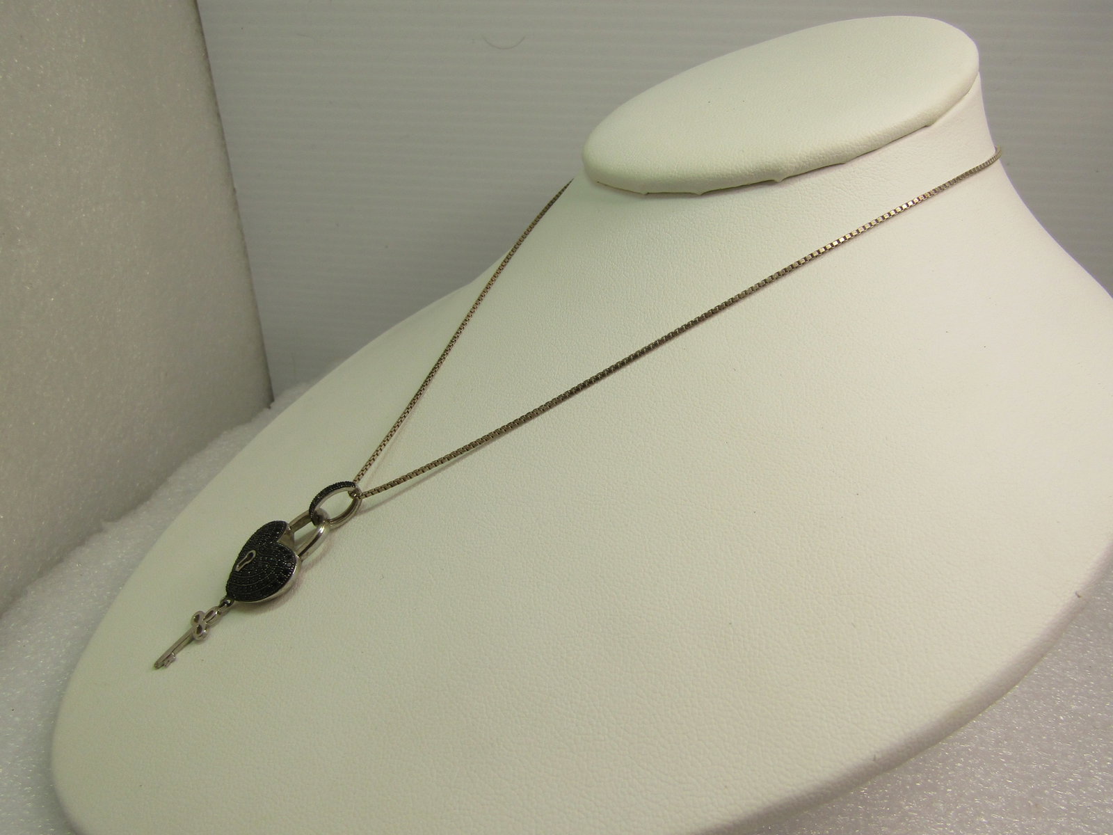 Sterling Black Diamond Heart/Key Necklace, Length Adjusts up to 21", 1990's, Signed - 2