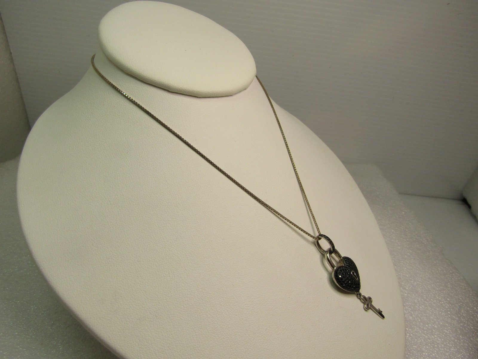 Sterling Black Diamond Heart/Key Necklace, Length Adjusts up to 21", 1990's, Signed - 3