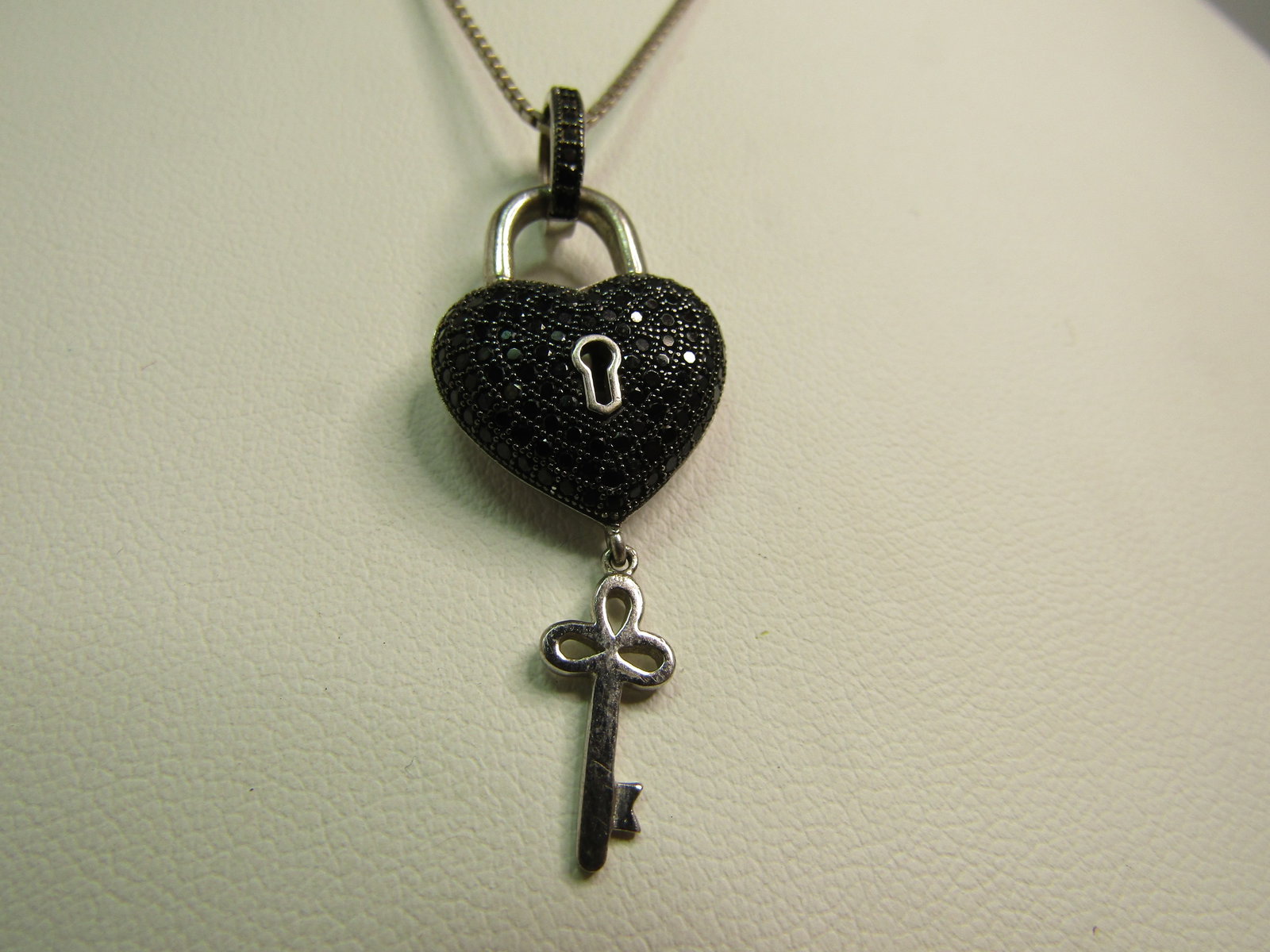 Sterling Black Diamond Heart/Key Necklace, Length Adjusts up to 21", 1990's, Signed - 4