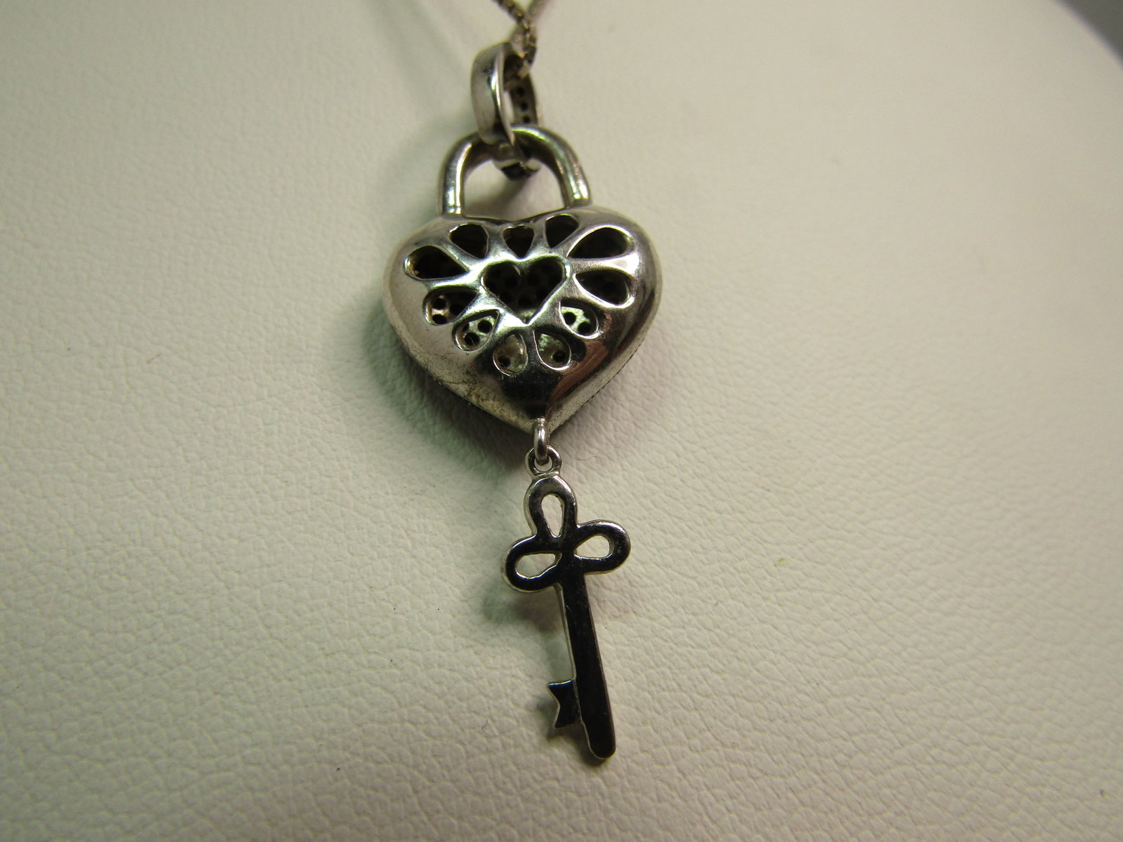 Sterling Black Diamond Heart/Key Necklace, Length Adjusts up to 21", 1990's, Signed - 5