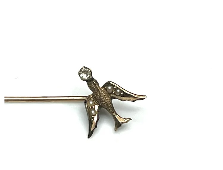 Victorian 10k Seed Pearl Bird/Dove/Swallow Stickpin - 3