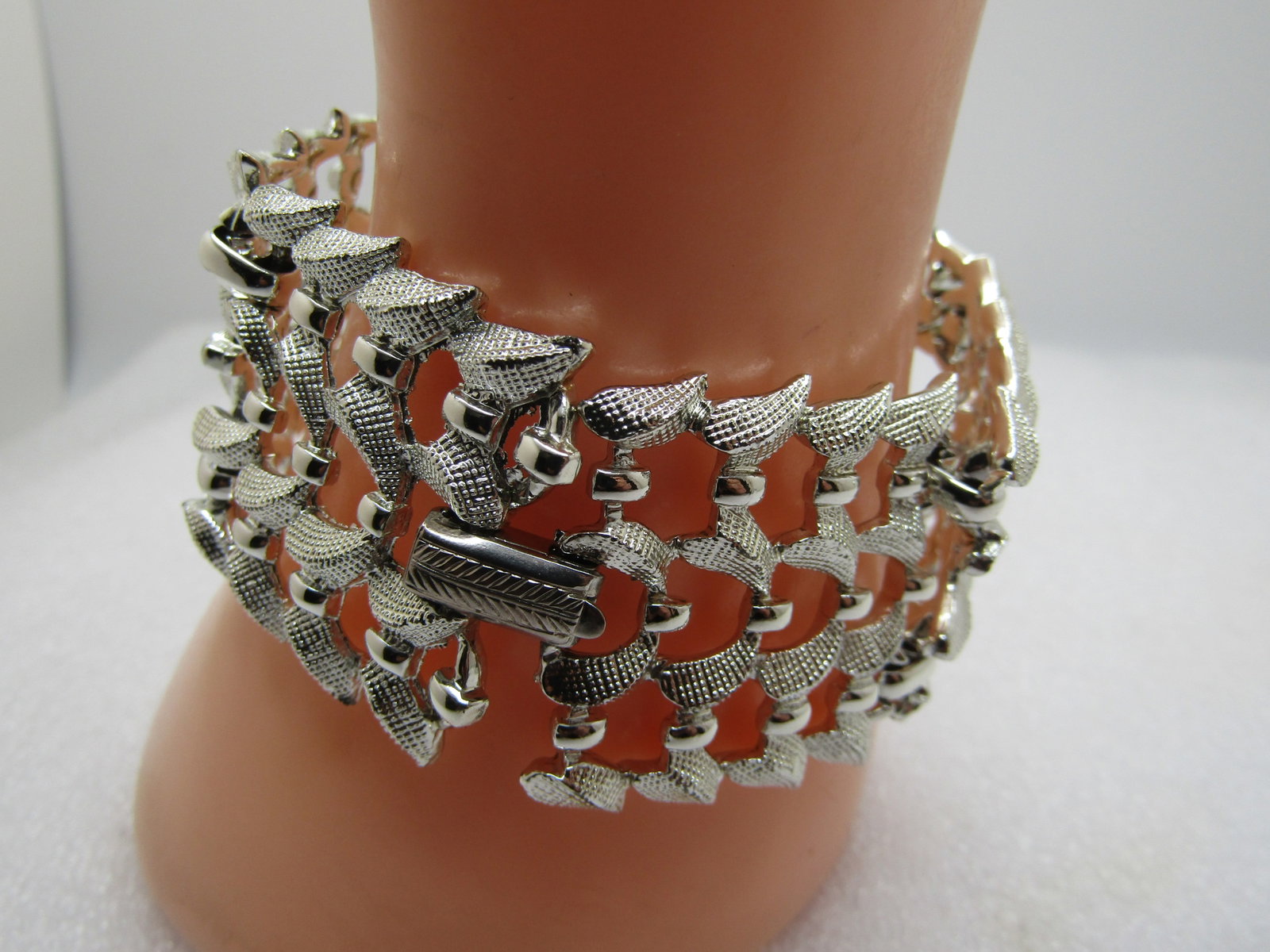Vintage Coro Signed Wide Bracelet, 7.25" Silver Tone, 1960's - 2