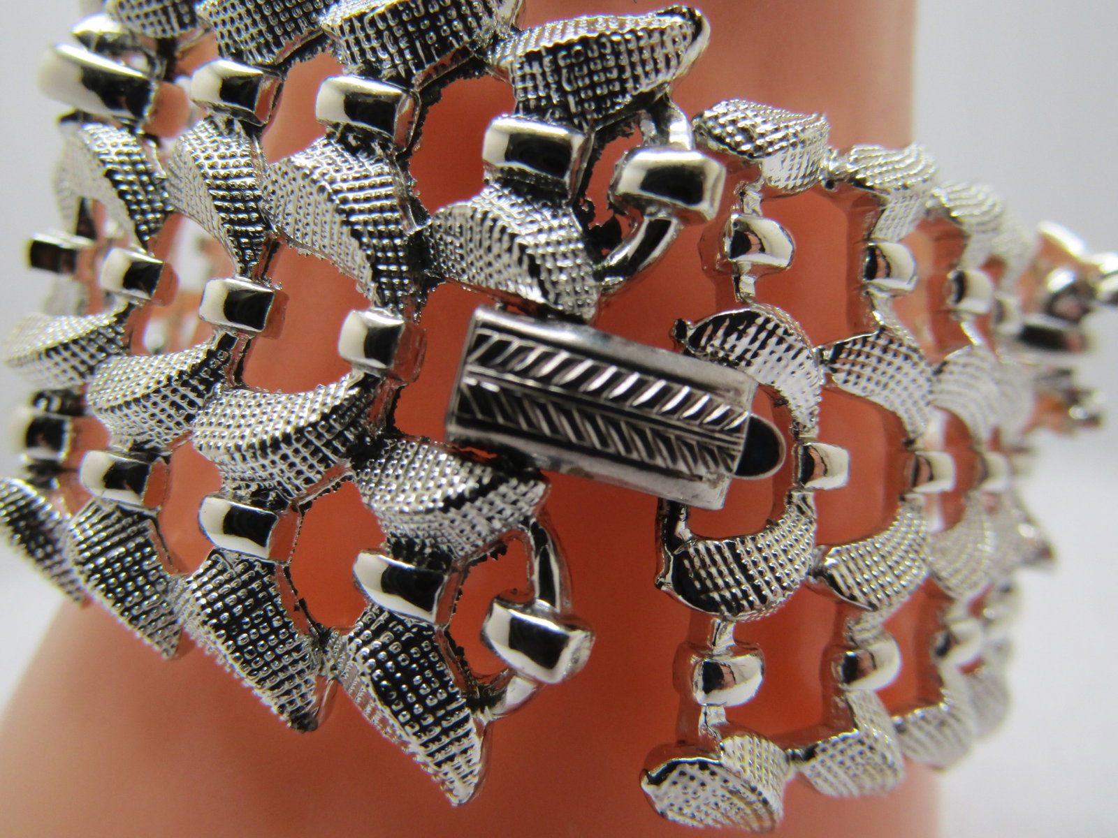 Vintage Coro Signed Wide Bracelet, 7.25" Silver Tone, 1960's - 4