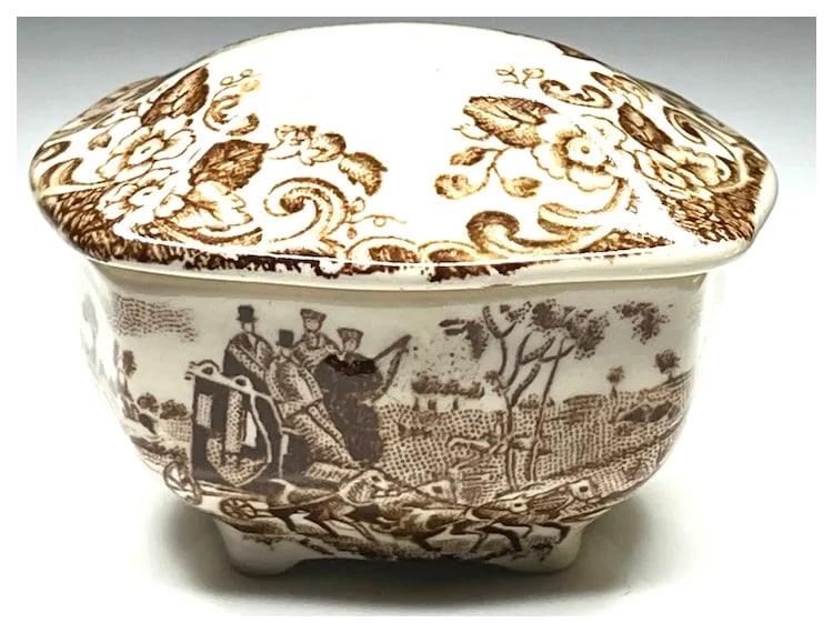 Vintage Trinket Box Stagecoach Horses Brown Transferware Made in England - 2