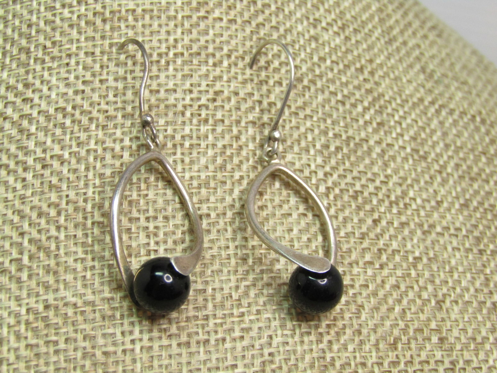 Vintage Sterling Black Onyx Earrings, Pierced, Mod Signed, Mexico, 1970's-1980's - 2