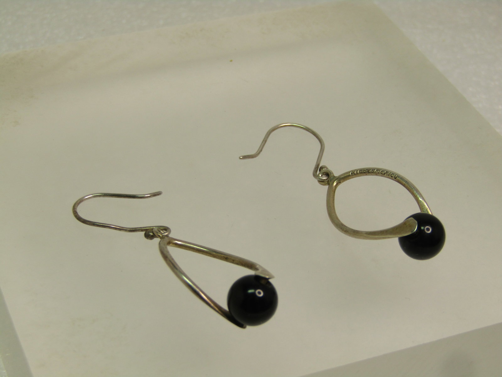 Vintage Sterling Black Onyx Earrings, Pierced, Mod Signed, Mexico, 1970's-1980's - 4
