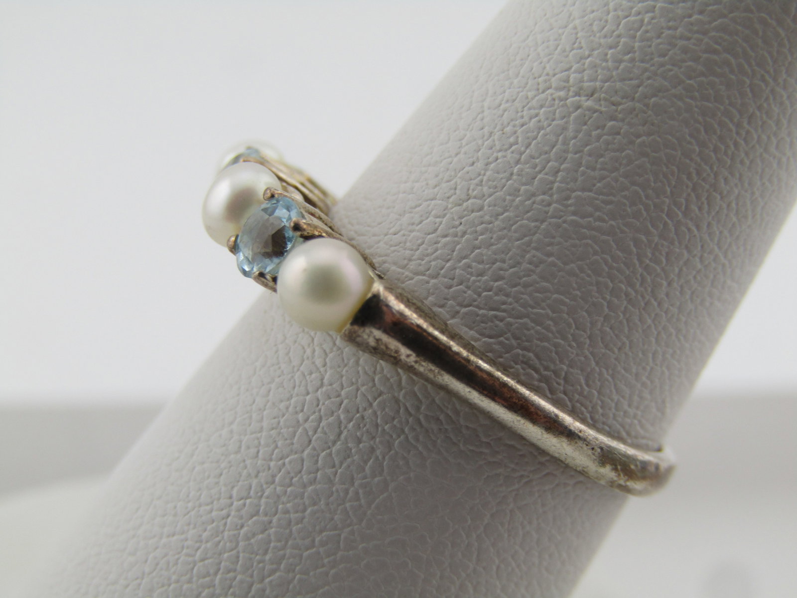 Vintage Sterling Blue Topaz and Pearl Ring, Sz. 8.5, 1980's-1990's, Signed - 2