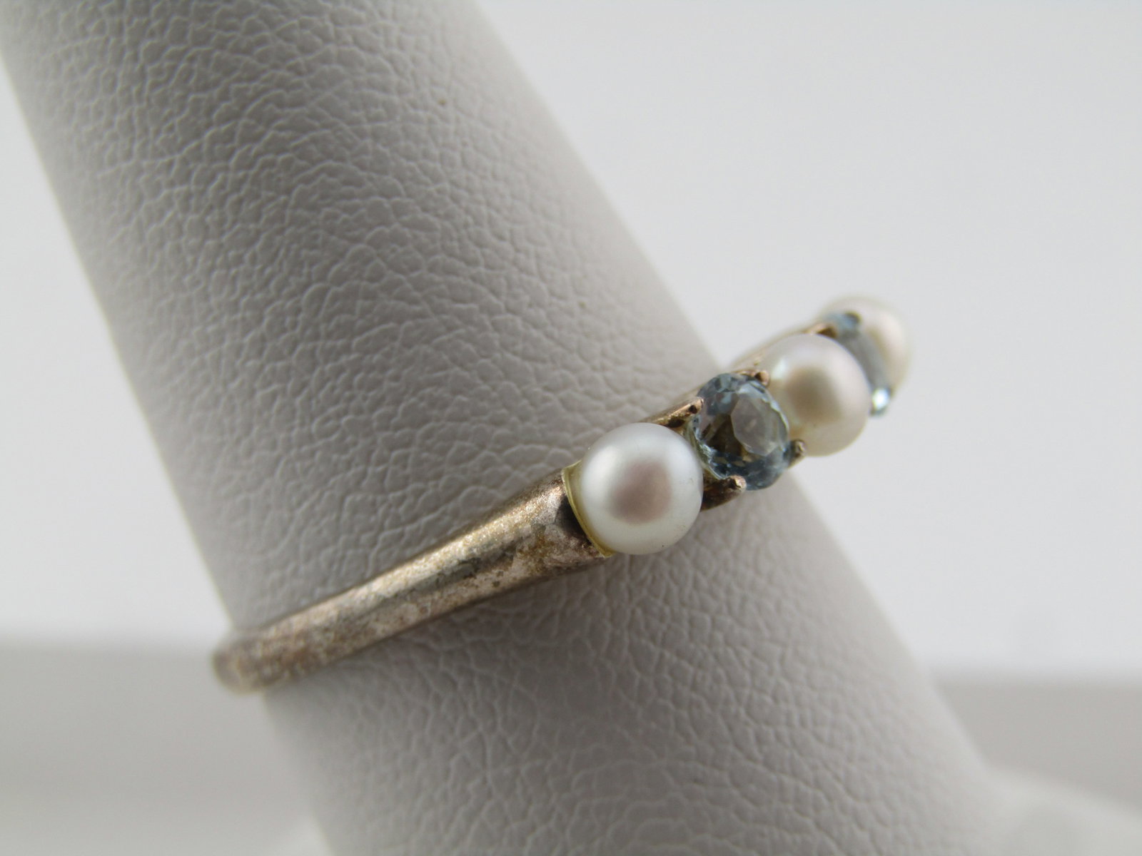 Vintage Sterling Blue Topaz and Pearl Ring, Sz. 8.5, 1980's-1990's, Signed - 3