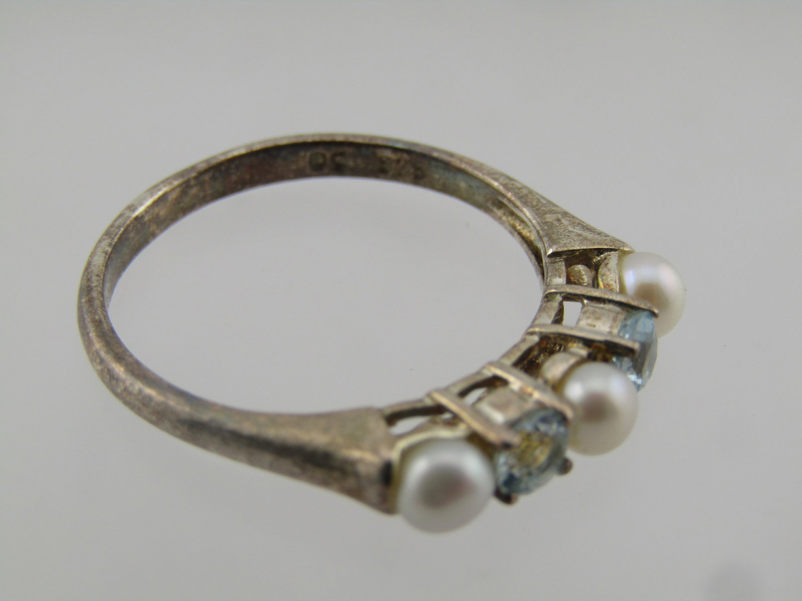 Vintage Sterling Blue Topaz and Pearl Ring, Sz. 8.5, 1980's-1990's, Signed - 4