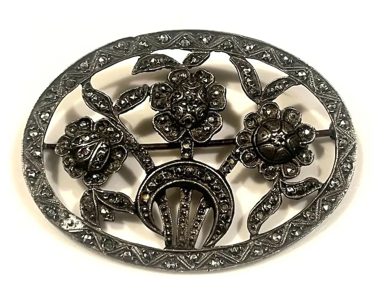 Vintage Sterling Silver Edwardian Marcasite Brooch - 2