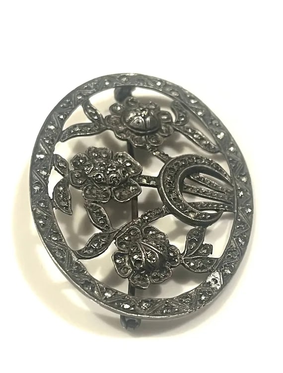 Vintage Sterling Silver Edwardian Marcasite Brooch - 3