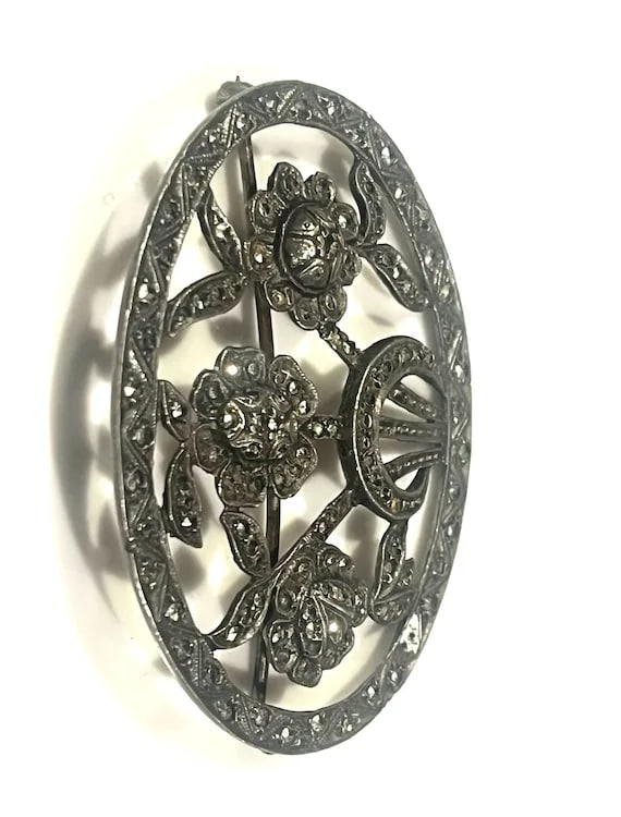 Vintage Sterling Silver Edwardian Marcasite Brooch - 4