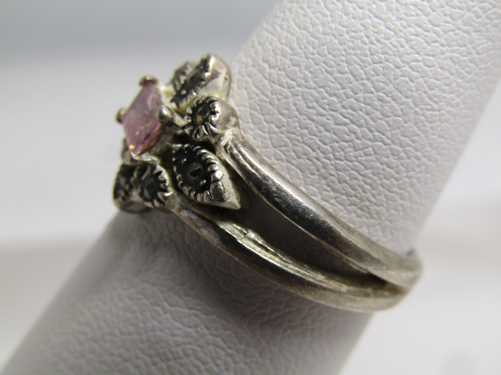 Vintage Sterling Pink Stone Marcasite Ring, Sz. 6, 1980's - 2
