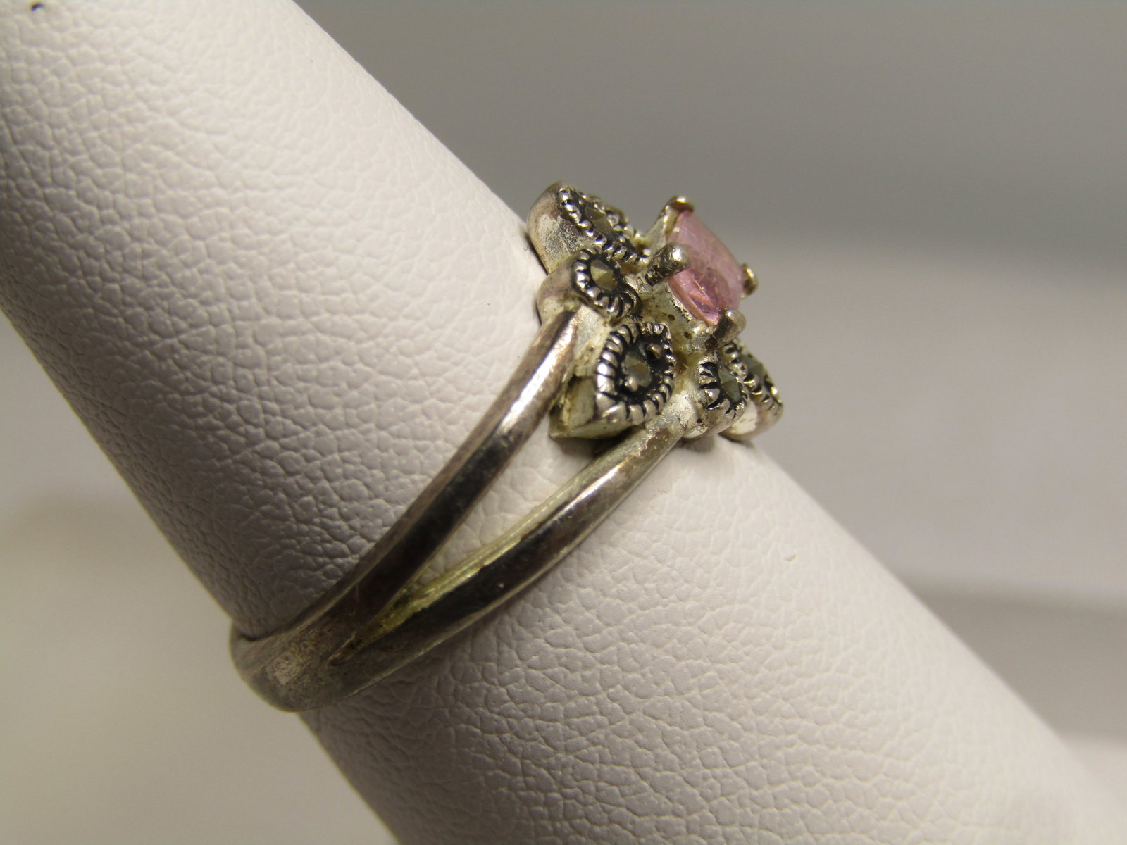 Vintage Sterling Pink Stone Marcasite Ring, Sz. 6, 1980's - 3