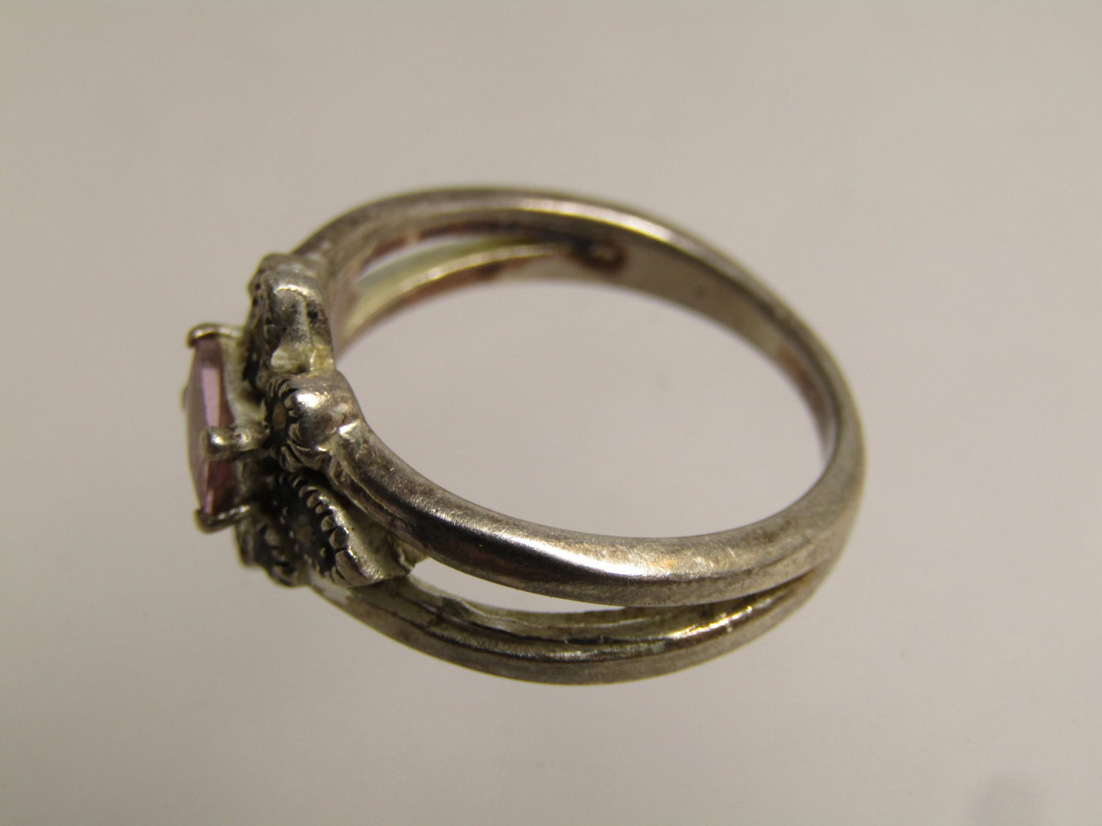 Vintage Sterling Pink Stone Marcasite Ring, Sz. 6, 1980's - 5