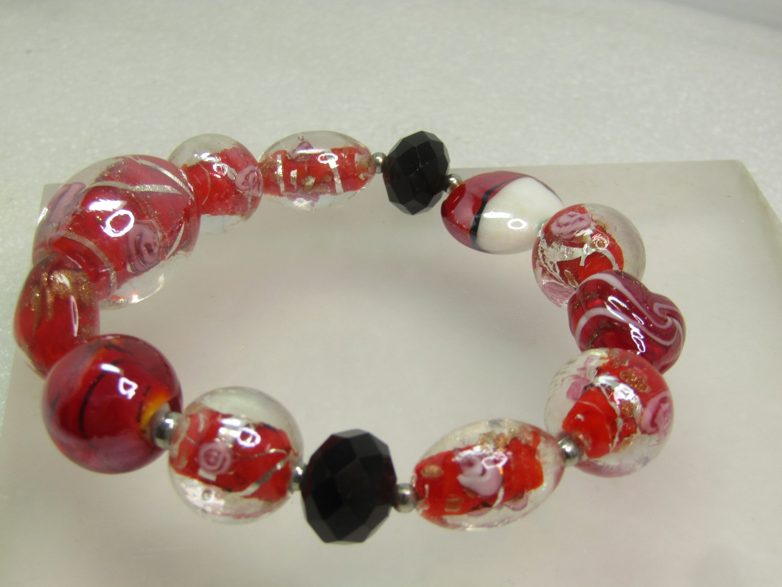 Vintage Red/Black/Clear/Pink Glass Bracelet, Stretch, 1990's, 7" - 2
