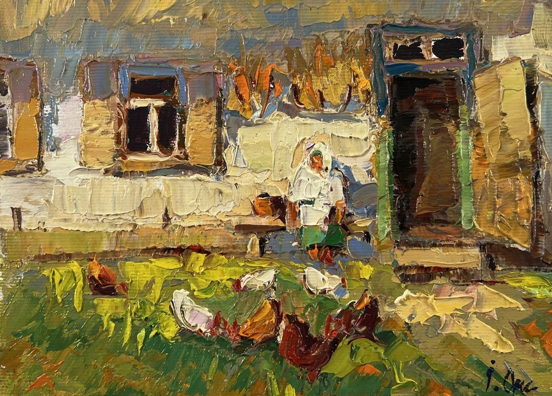 Oil painting Chickens in the yard of the house Oksana Ivanyuk - 3