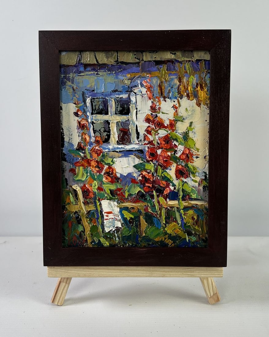 Oil painting Mallows are blooming near the house Oksana Kalenyuk: Title : Oil painting Mallows are blooming near the house Oksana Kalenyuk Description: No.AAA5102The oil painting on Cardboard titled "Mallows Are Blooming Near the House" is a radiant homage to the qu