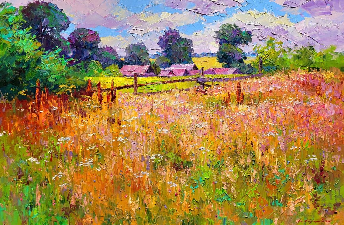 Oil painting Gremyach village Boris Serdyuk: Title : Oil painting Gremyach village Boris Serdyuk Description: No.SERB 1059"Gremyach Village" is an oil painting that portrays the rustic charm and vibrancy of rural life. The artist has used a rich