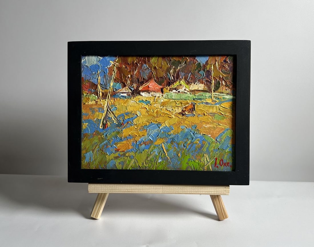 Oil painting A cow in a field near a village Oksana Kalenyuk: Title : Oil painting A cow in a field near a village Oksana Kalenyuk Description: No.AAA4073This oil painting cardboard, titled "A cow in a field near a village", the composition is divided into three