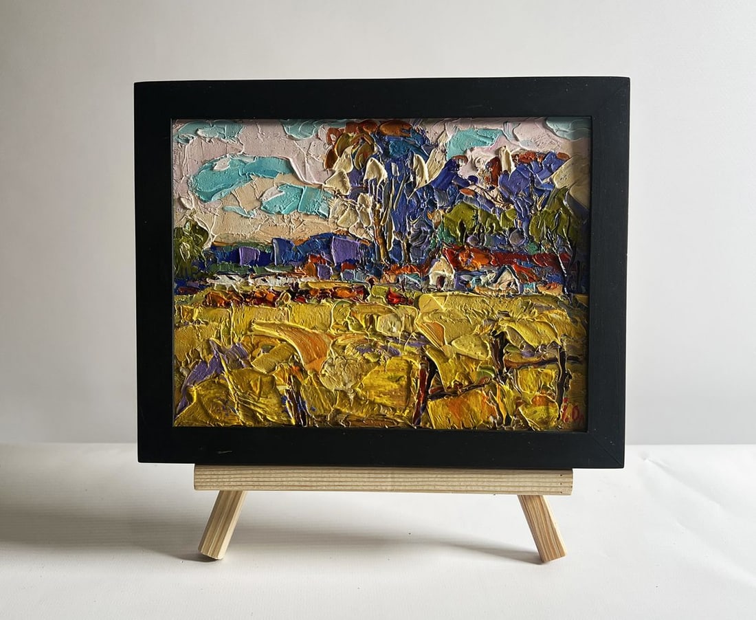 Oil painting Hot sunny day in the village Alex Kalenyuk: Title : Oil painting Hot sunny day in the village Alex Kalenyuk Description: No.AAA4103This oil painting cardboard, titled "Hot sunny day in the village", the artist's expressive use of color and text